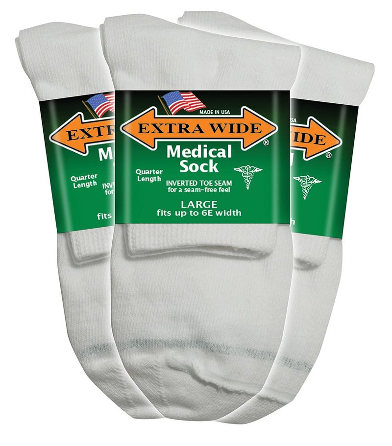 Extra Wide Medical (Diabetic) Quarter Sock (Pack of 3), Made in USA (Large, White) - Image 1